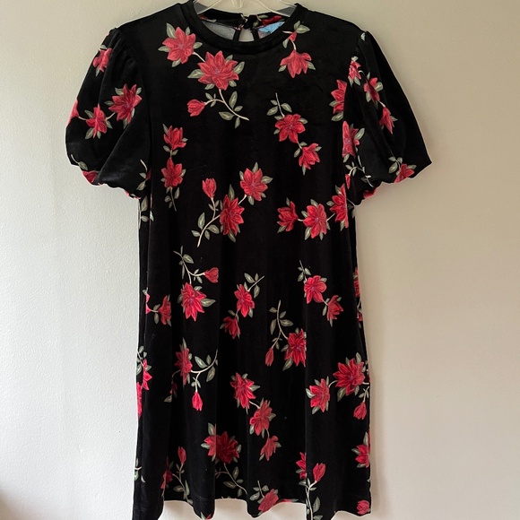 Draper James Sz M Black Velvet Retro Floral Midi Dress Pockets Relaxed Fit - Picture 1 of 12